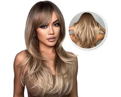SassyGoods Bruine Pruik - Pruiken Dames Lang Haar - Haren Vrouwen - Lijkt Echt Haar - Verstelbaar - Wasbaar - Licht Bruin - 60 cm