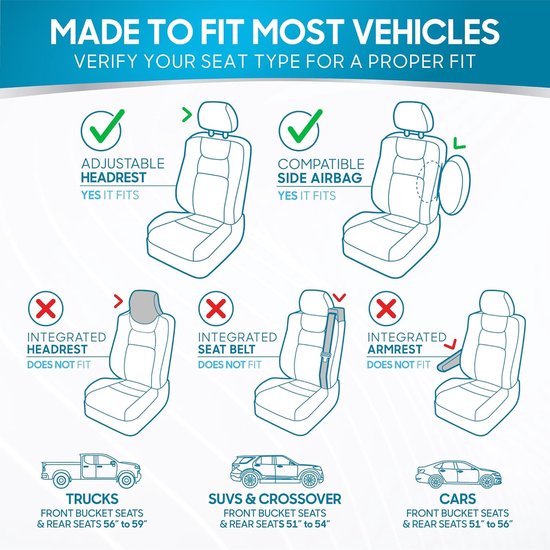 Illustraties die tonen welke stoeltypen geschikt zijn voor de autostoelhoezen, zoals verstelbare hoofdsteunen en airbags.