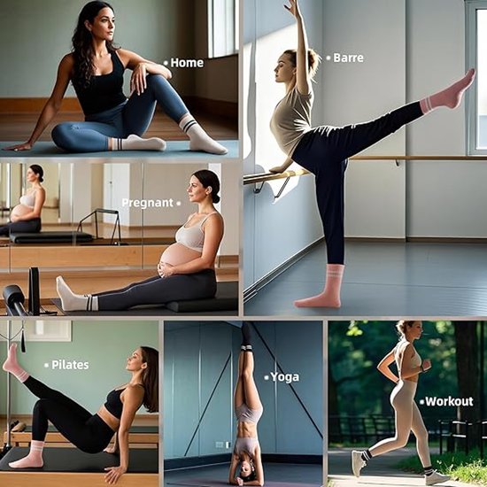 5 paar - Sokken - Dames hoge Pilates antislip sokken - Yoga Pilates Sokken met Grip - Antislip Katoenen Sokken - Yoga Sokken - Antislip enkelsokken - voor Ballet, Dans, Workouts - Zwart, Wit, Grijs, Roze en Paars van Merkloos — afbeelding 3