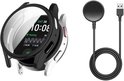 Zwarte TPU hoes met glazen schermprotector om een smartwatch. Naast de smartwatch een ronde zwarte oplader met USB-kabel.