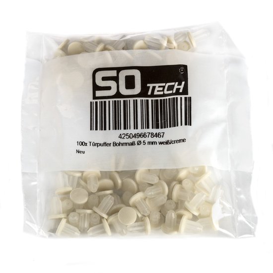 Verpakking met 100 stuks crème deurbuffers met "SO-TECH" logo en barcode.