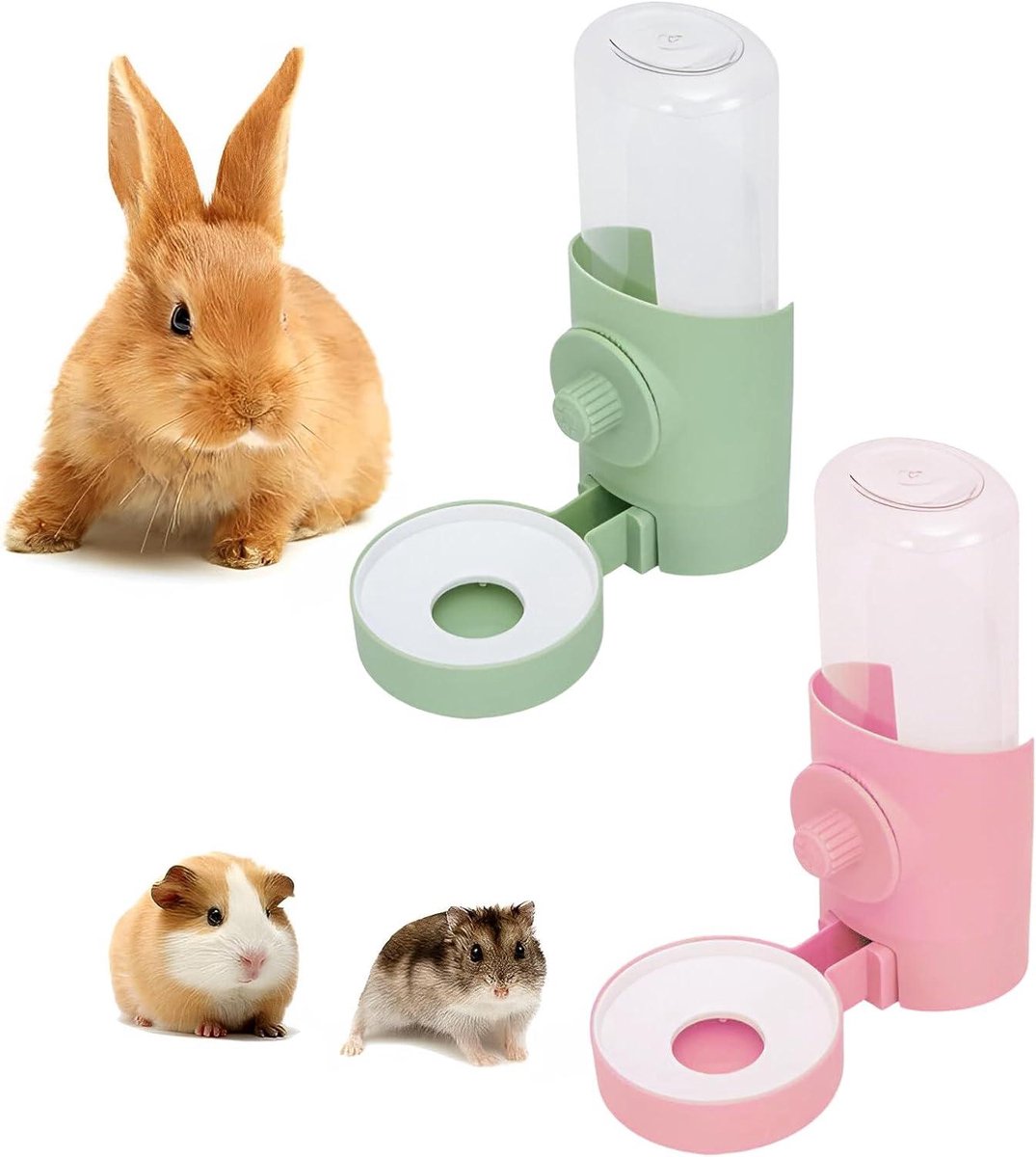 Allecto Plus – Automatische dispenser voor huisdieren – 2 stuks – 500 ml – Hangende drinkfles voor kleine dieren – Groen en roze – Voor hamsters, konijnen, chinchilla’s en eekhoorns