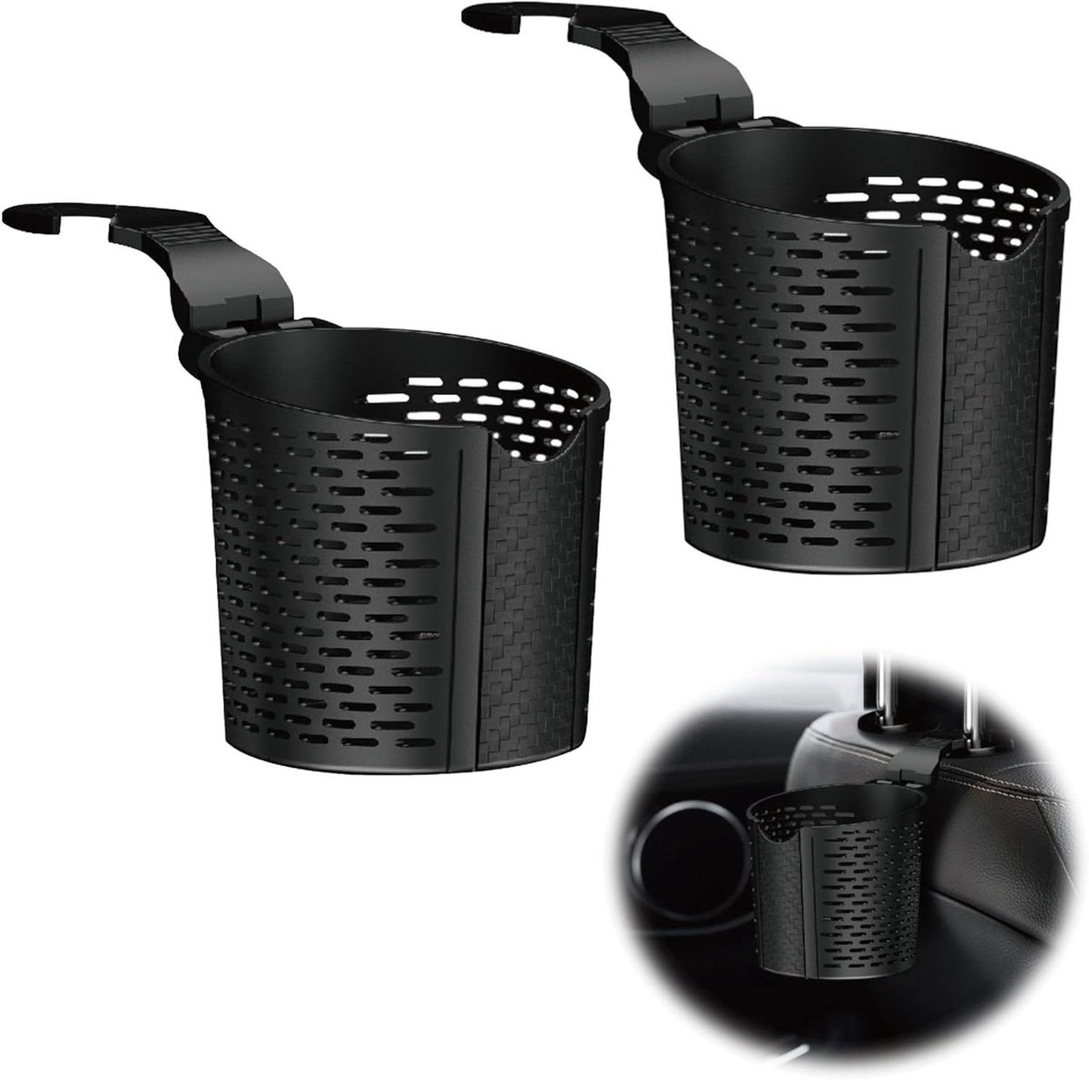 Universal Cup Holder met afvalbakje voor koffiebekers en drinkblikjes - Zwarte Cup Holder Hooks - Set van 2 Stuks met Flessenhouder - Handig voor in de Auto