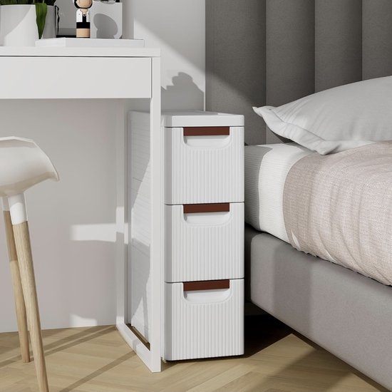 smalle kast met wielen, trolley en slanke organizer met 3 lades voor kleine ruimtes, kunststof ladekast voor woonkamer, badkamer, keuken, wit (42 x 19 x 57 cm)