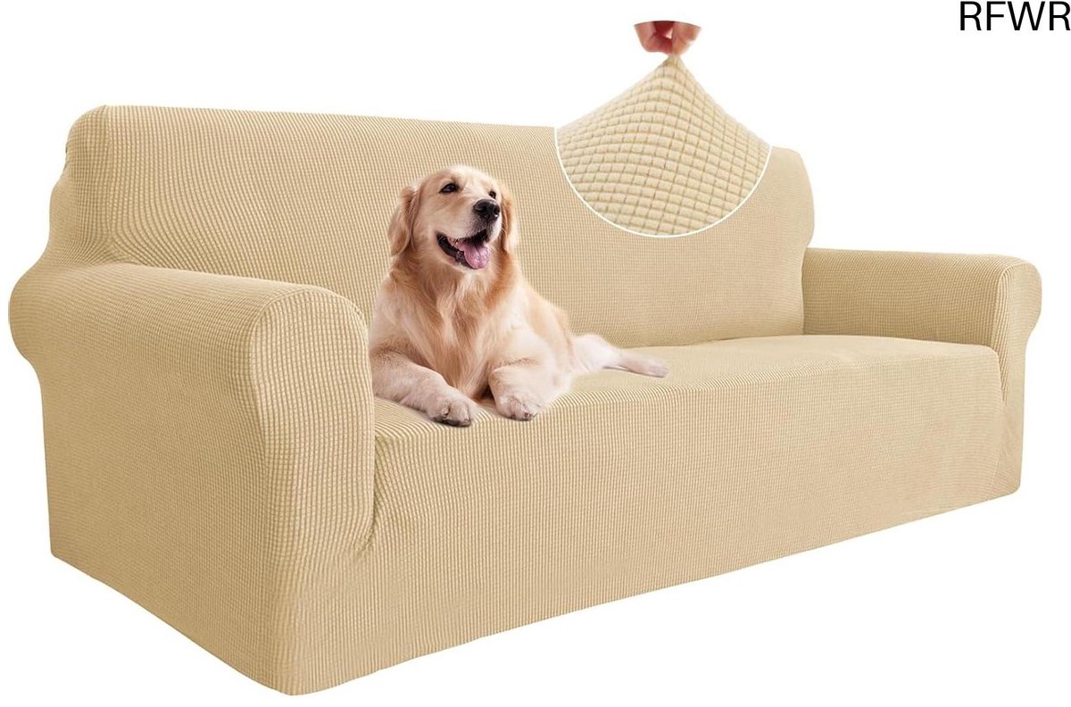 RFWR Elastische 3-zits Bankhoes voor Woonkamer - Krasbestendige en Universele Sofahoes in Beige