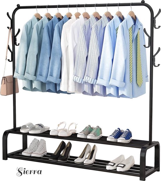 Sierra Industrieel Kledingrek Enkele Stang - Metaal - 110x33x155 CM - Zwart - Opbergruimte Voor Schoenen - Garderoberek Met Haken