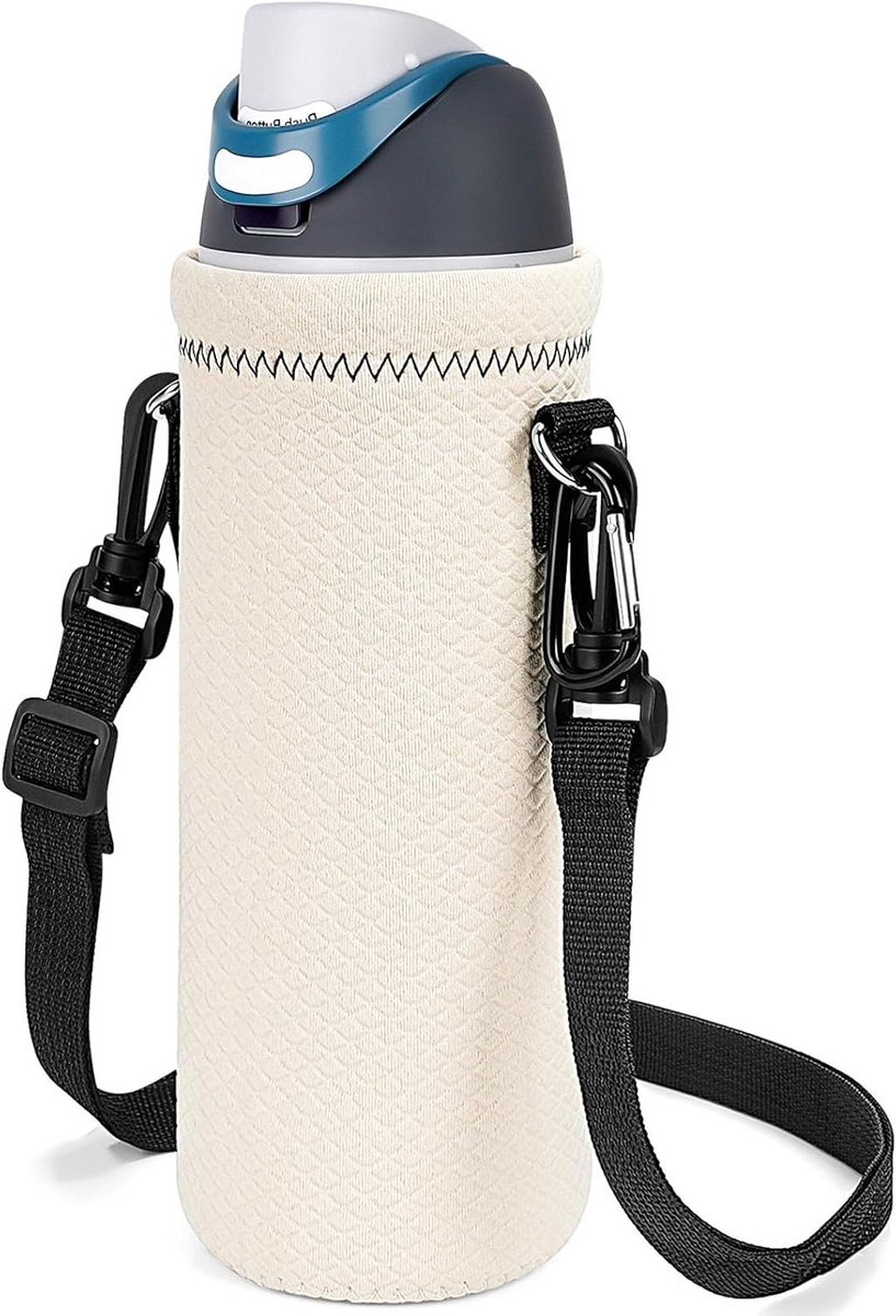 Allecto Plus - Neopreen Flessenhoes Geschikt voor Geïsoleerde Drinkfles - Verstelbare Draagriem - Off-White Kleur - 75 Characters