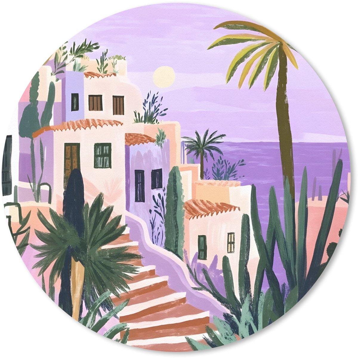 Muismat rond 40x40 cm - Mousepad Huizen - Minimalistisch - Palmbomen - Kust - Ronde muismatten