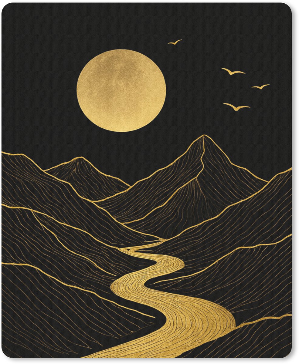 Muismat 19x23 cm - Mousepad Rivier - Goud - Maan - Vogels - Muismatten