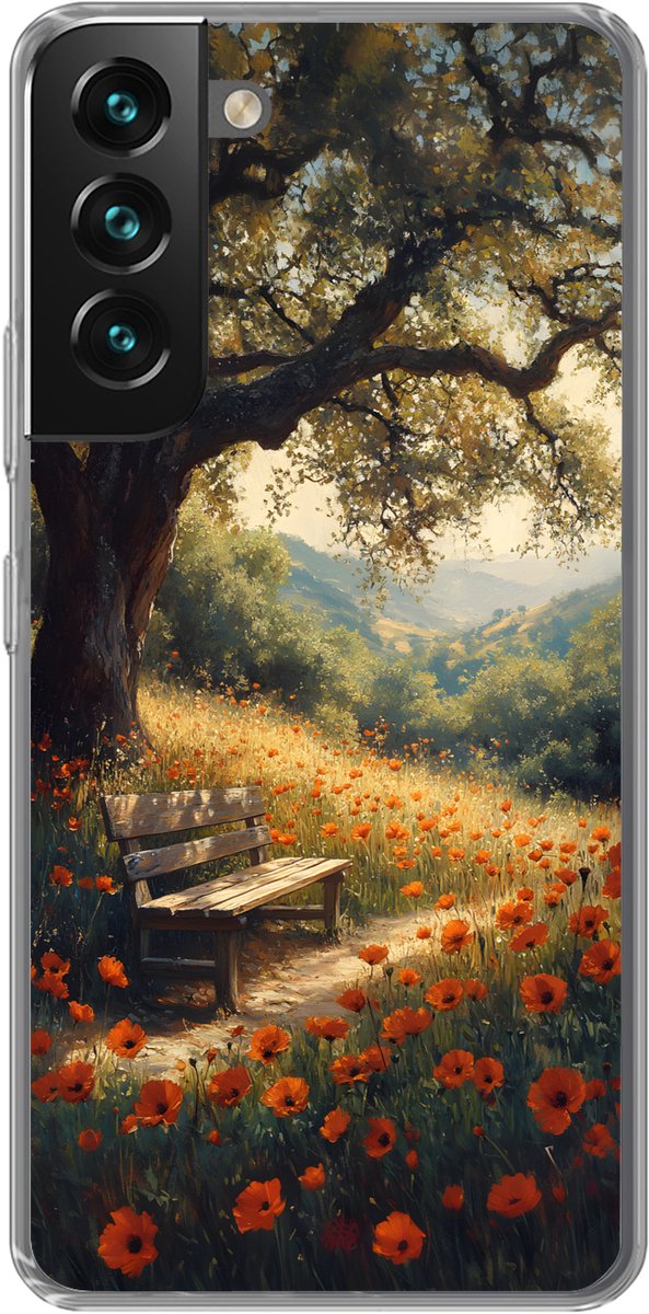 Telefoonhoesje Geschikt voor Samsung Galaxy S22 Plus hoesje - Bankje - Boom - Klaprozen - Heuvels - Siliconen Telefoonhoesje Telefoonhoesje