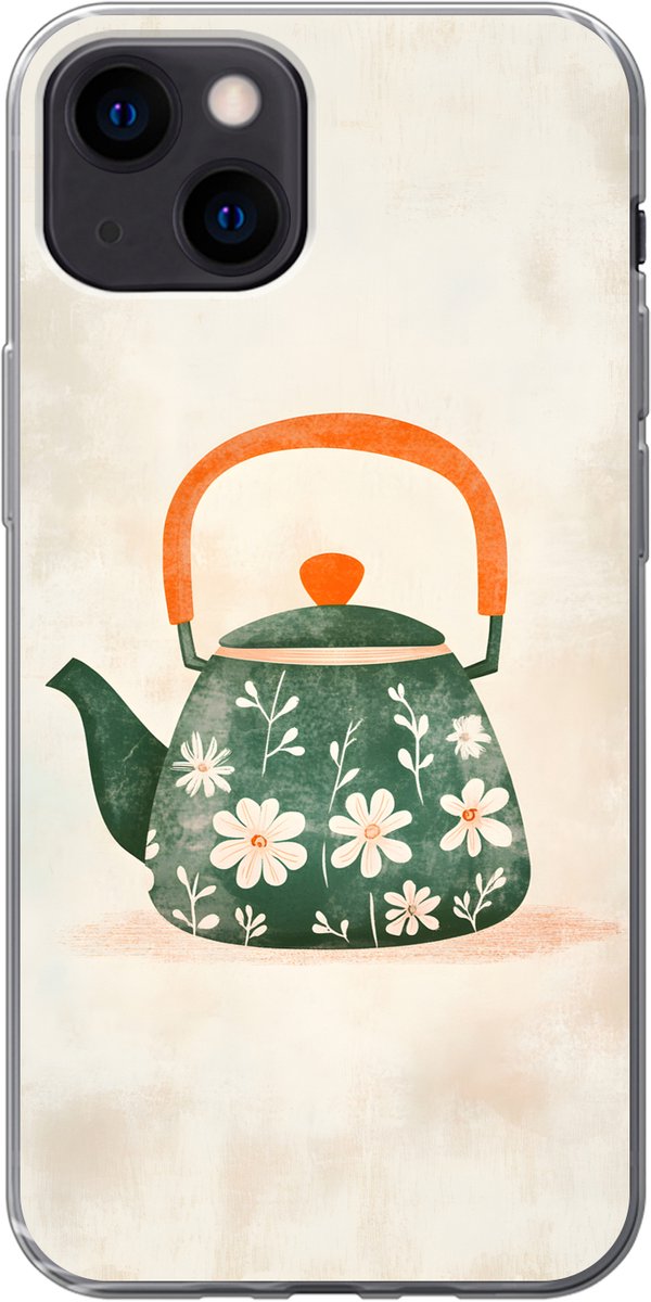 Telefoonhoesje Geschikt voor iPhone 13 mini hoesje - Theepot - Groen - Bloemen - Oranje - Siliconen Telefoonhoesje Telefoonhoesje