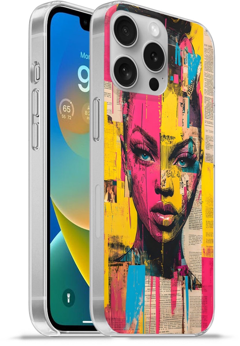 Telefoonhoesje Geschikt voor Apple Iphone 16 Pro hoesje - Vrouwengezicht - Krantenpapier - Abstract - Roze - Siliconen Telefoonhoesje Telefoonhoesje