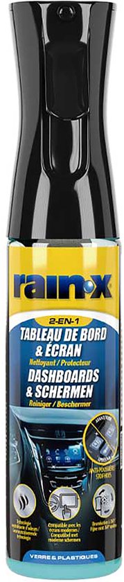 Fles Rain-X Tableau de bord & Écran reiniger. Blauw, oranje en geel etiket.