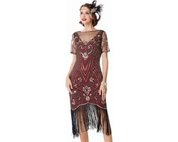 Inovra Plus - Flapper franjes pailletten jurk voor Roaring Twenties carnaval vintage kralen art deco jurk [wijnrood goud S]