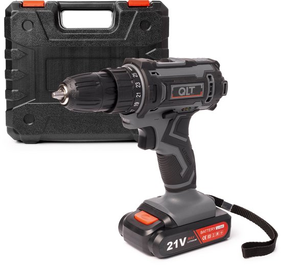 QLT Accuboormachine 21V met 1500mAh Accu, 6 Bits, Bit Holder en Koffer – Krachtige Snoerloze Boormachine voor Hout, Staal, Kunststof en Meer