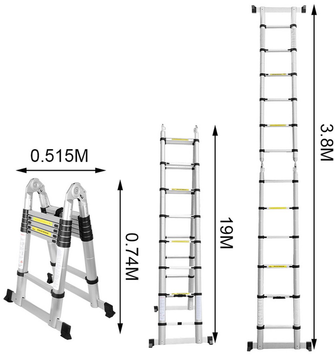 Telescopische Vouwladder Telescopische Ladders Werkhoogte 1,9m+1,9 m - zilver met stabilisator – foto 4