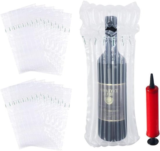 15 stuks bubbelzakken, opblaasbare verpakking, luchtkolom, wijnflesbescherming, voor het verpakken en vervoeren van glazen flessen met herbruikbare pomp