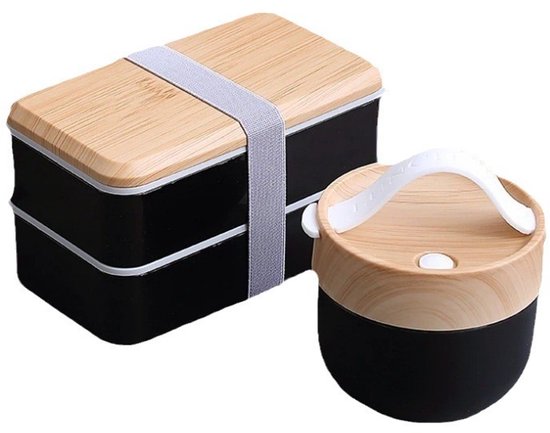Boîte à lunch double couche grande capacité, bol à soupe, anti-fuite, micro-ondes, pique-nique, légère, 600 ml + 1 200 ml - Zwart