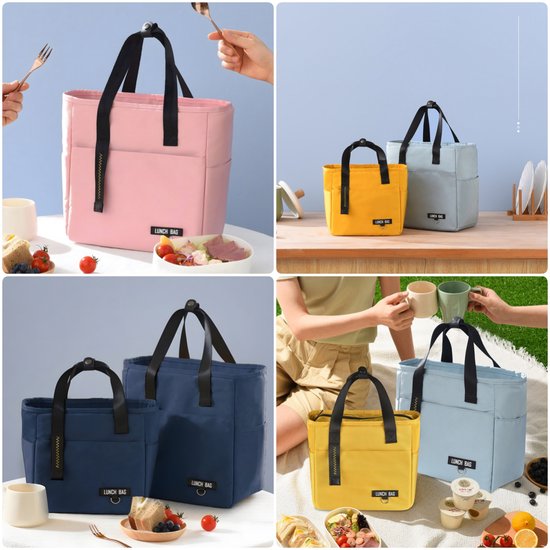 Collage met verschillende kleuren lunchtassen: roze, geel, lichtgrijs, donkerblauw en lichtblauw.