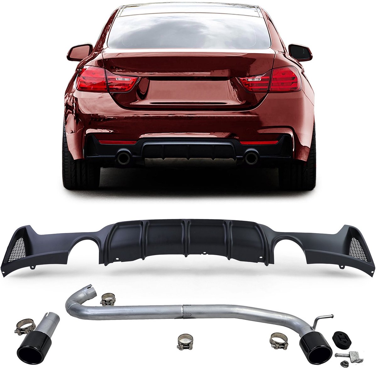 Sport Diffuser Mat Zwart + Uitlaat Zwart Sierstuk Voor Bmw 4 Serie F32 F33 F36 425 428 430 M Pack M3 M4 Performance Look