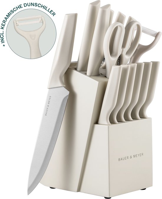 BAUER & MEYER® Messenset - Messenblok - Keukenmessen - Keukengerei - 15-delig - Incl. dunschiller, keukenschaar en messenslijper - Zilver/Oatmeal