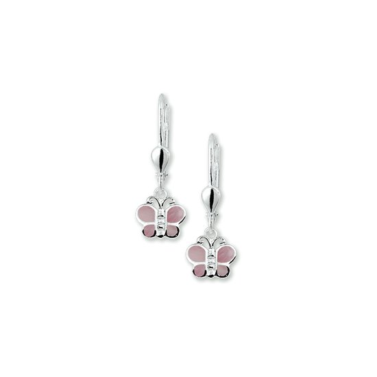 Zilveren oorhangers met roze vlinders.