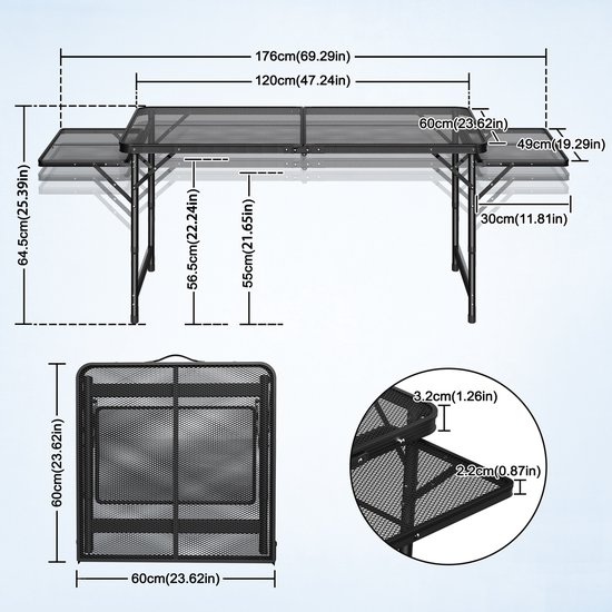 120×60CM Draagbare Hoogte Verstelbare Campingtafel met Metaal Gaasplaat - Licht en Stevig Metaal Frame, Compact Opvouwbaar Ontwerp voor Strand — afbeelding 2