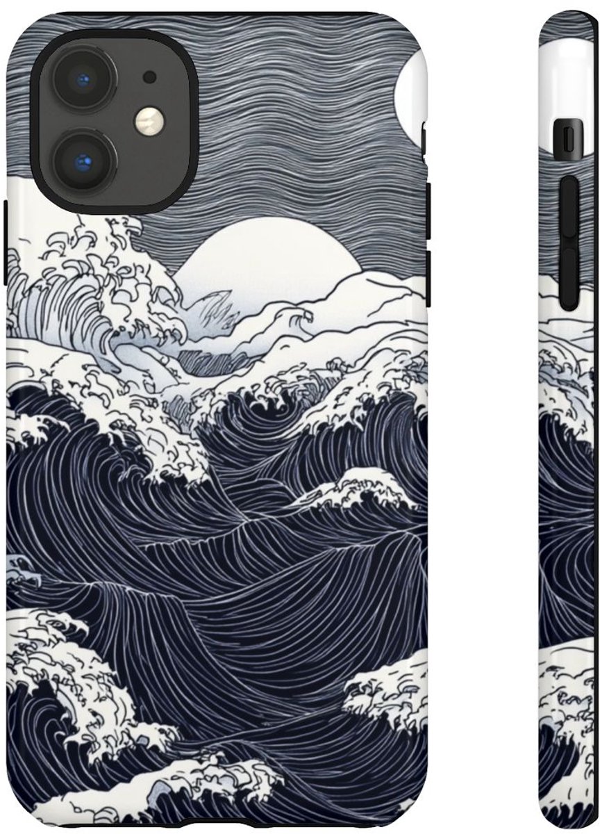 Monochrome Oceaangolven met Maan – Telefoonhoesje Geschikt voor iPhone 11