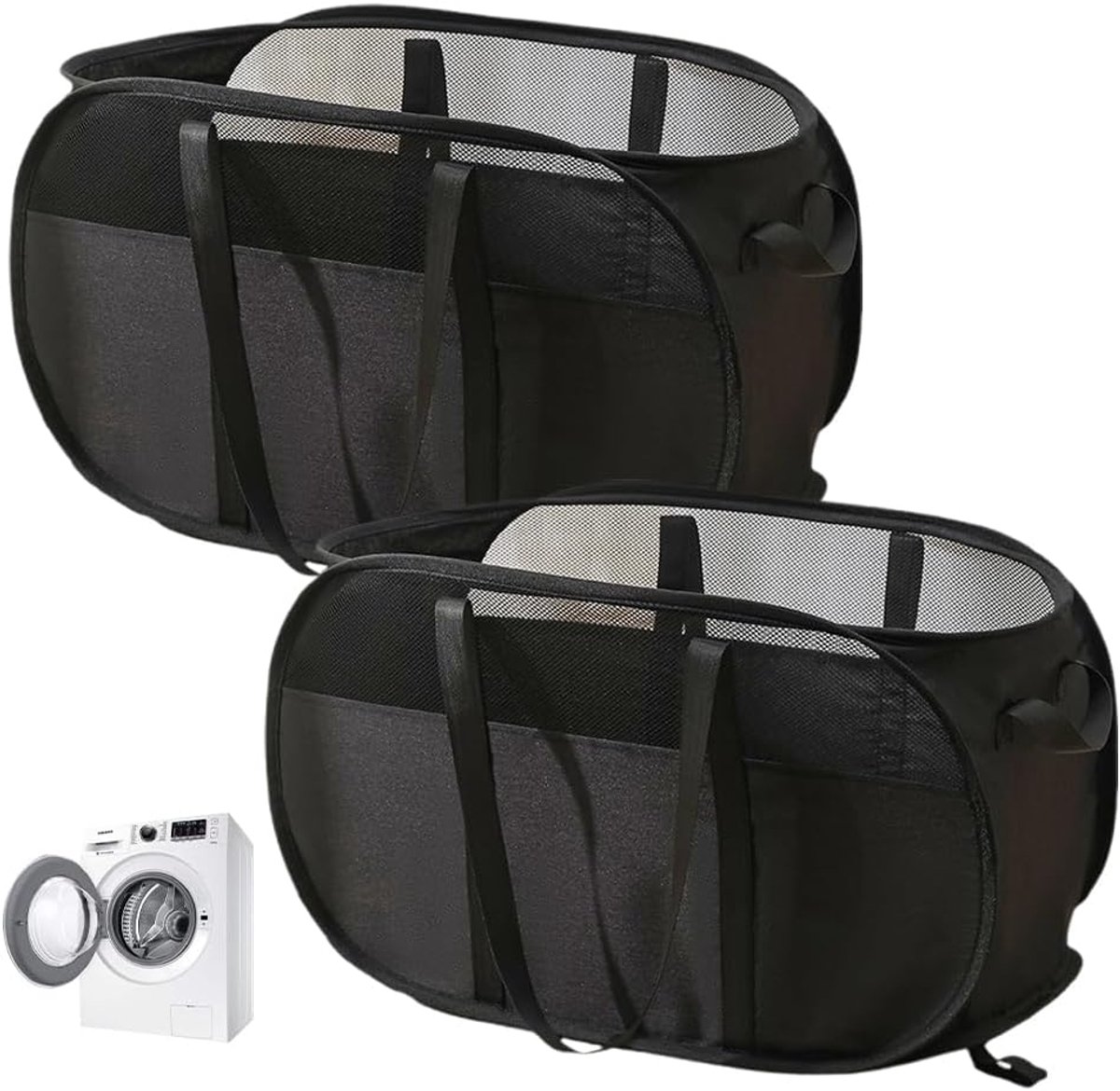 2 stuks Opvouwbare wasmand, opvouwbare wasmand, waszak, wasmand voor vuile was met handvat voor badkamer, slaapkamer, wasruimte, kinderkamer, reizen, Zwart 58 x 36 x 36 cm