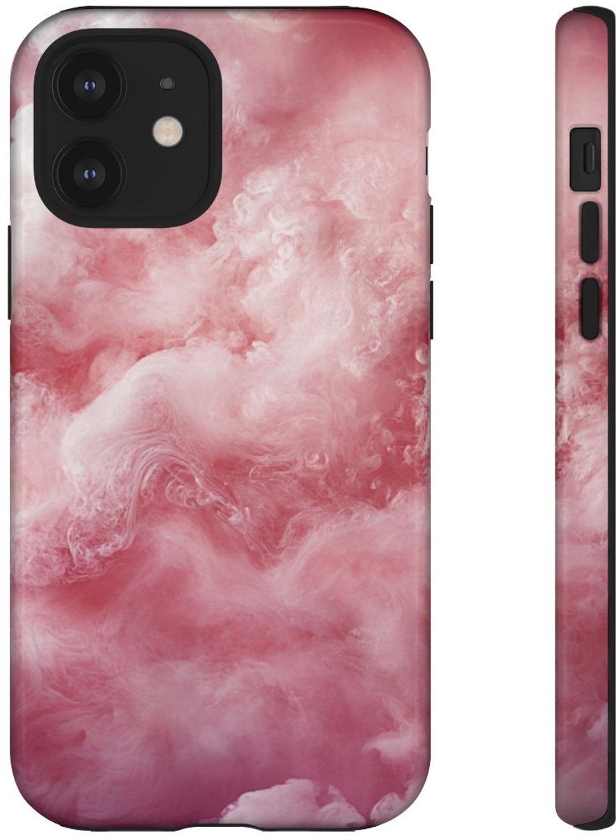 Roze en Witte Wolkenstructuur – Glanzend Stevig Telefoonhoesje Geschikt voor iPhone 12