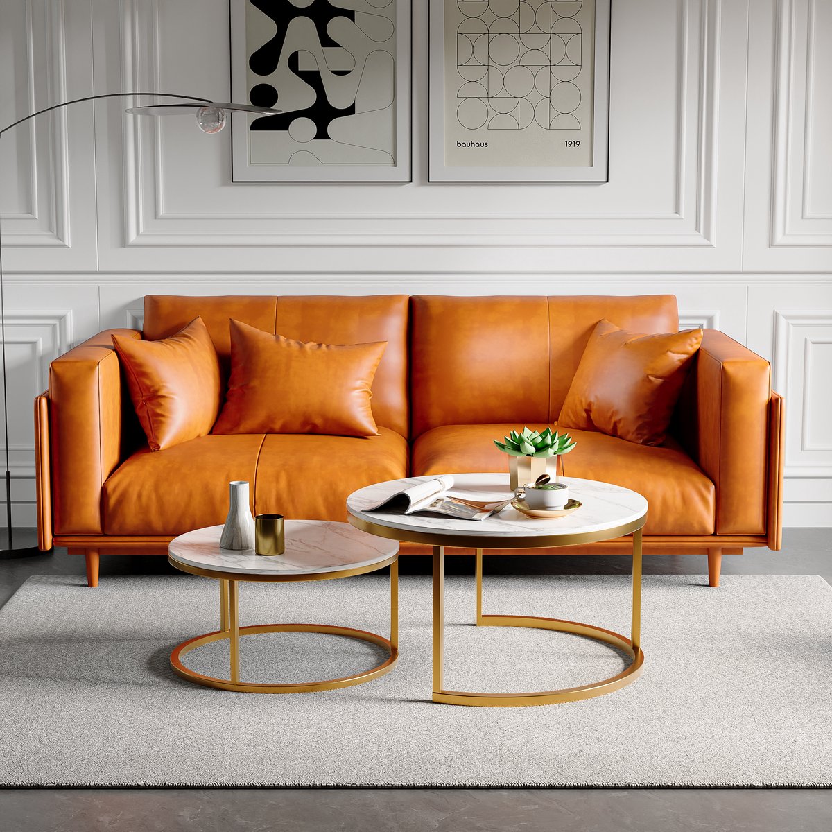 2 ronde salontafels, 80x45cm, 60x33cm, tafel met wit blad en zwarte pootondersteuning, ronde salontafel ingebouwd in de zijkant van de bank (wit blad + gouden poot)