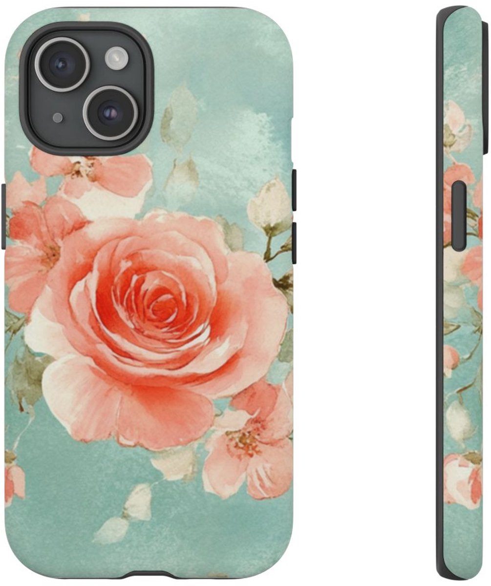 Aquarel Roze Rozen op Turquoise Achtergrond – Telefoonhoesje Geschikt voor iPhone 15