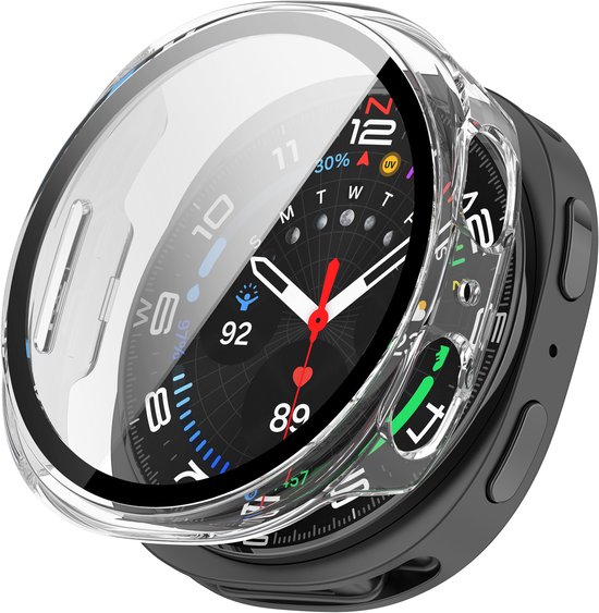 Transparant hoesje met screenprotector op een smartwatch met zwarte wijzerplaat.