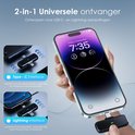 Zwarte microfoon met Type-C-interface en Lightning-interface, getoond met een iPhone