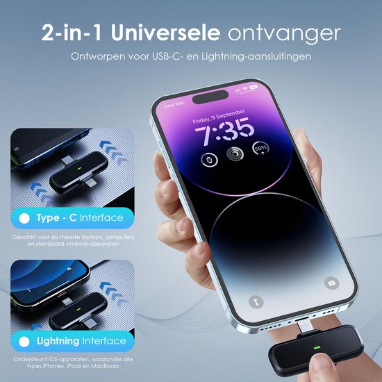 Zwarte microfoon met Type-C-interface en Lightning-interface, getoond met een iPhone