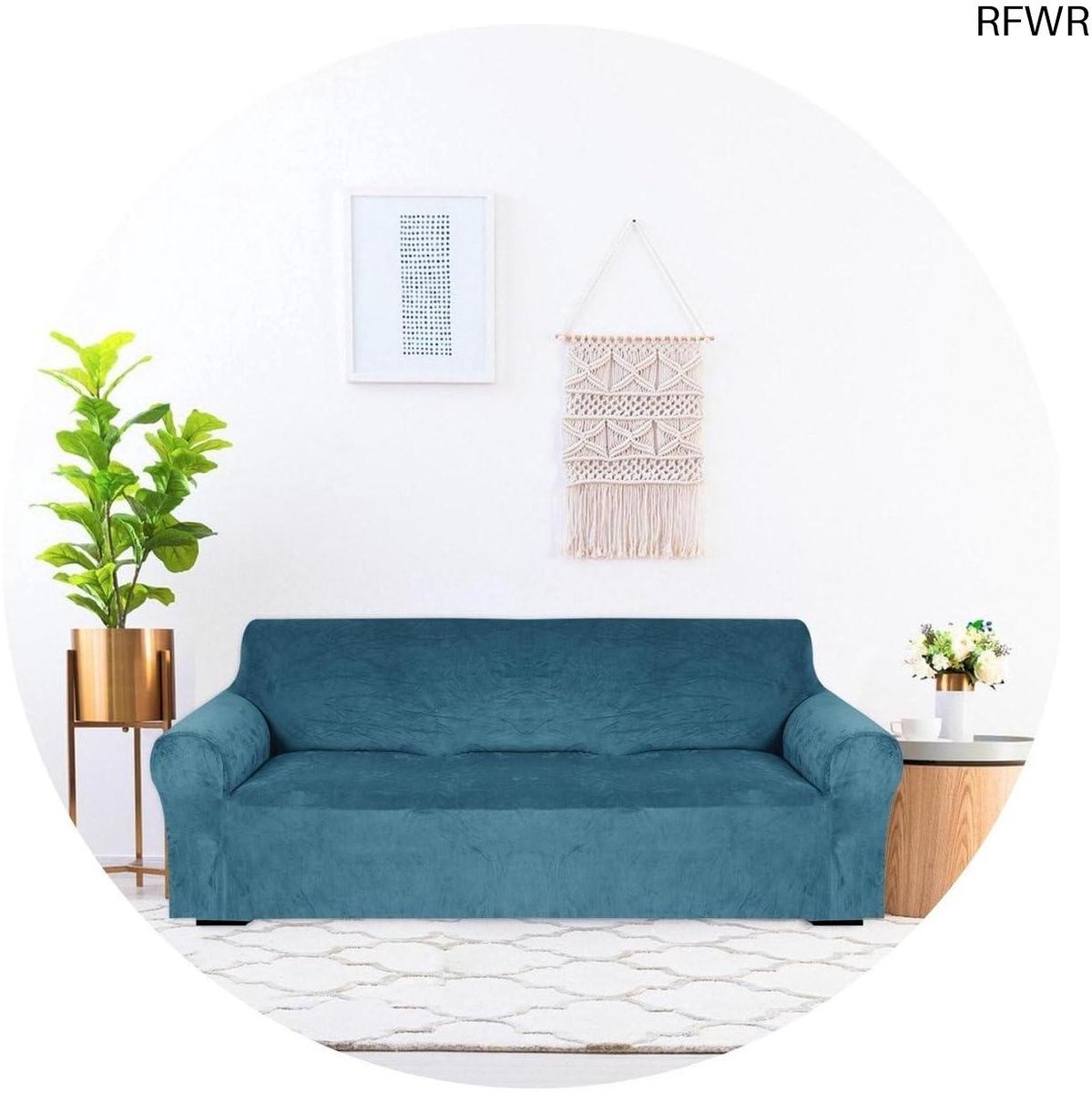 RFWR 3-Zits Bankhoes Velvet Stretch (185-230 cm) - Beschermende Meubelhoes Tegen Beschadigingen en Vlekken Turquoise