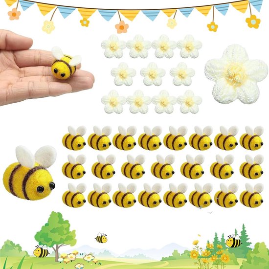 Dbuwqips 36 stuks vilten mini-bijenbloemen, kleine bijendecoratie, bijen, vilten bijen, vilten bijen, mini-bijen voor doe-het-zelf handwerk, winkel