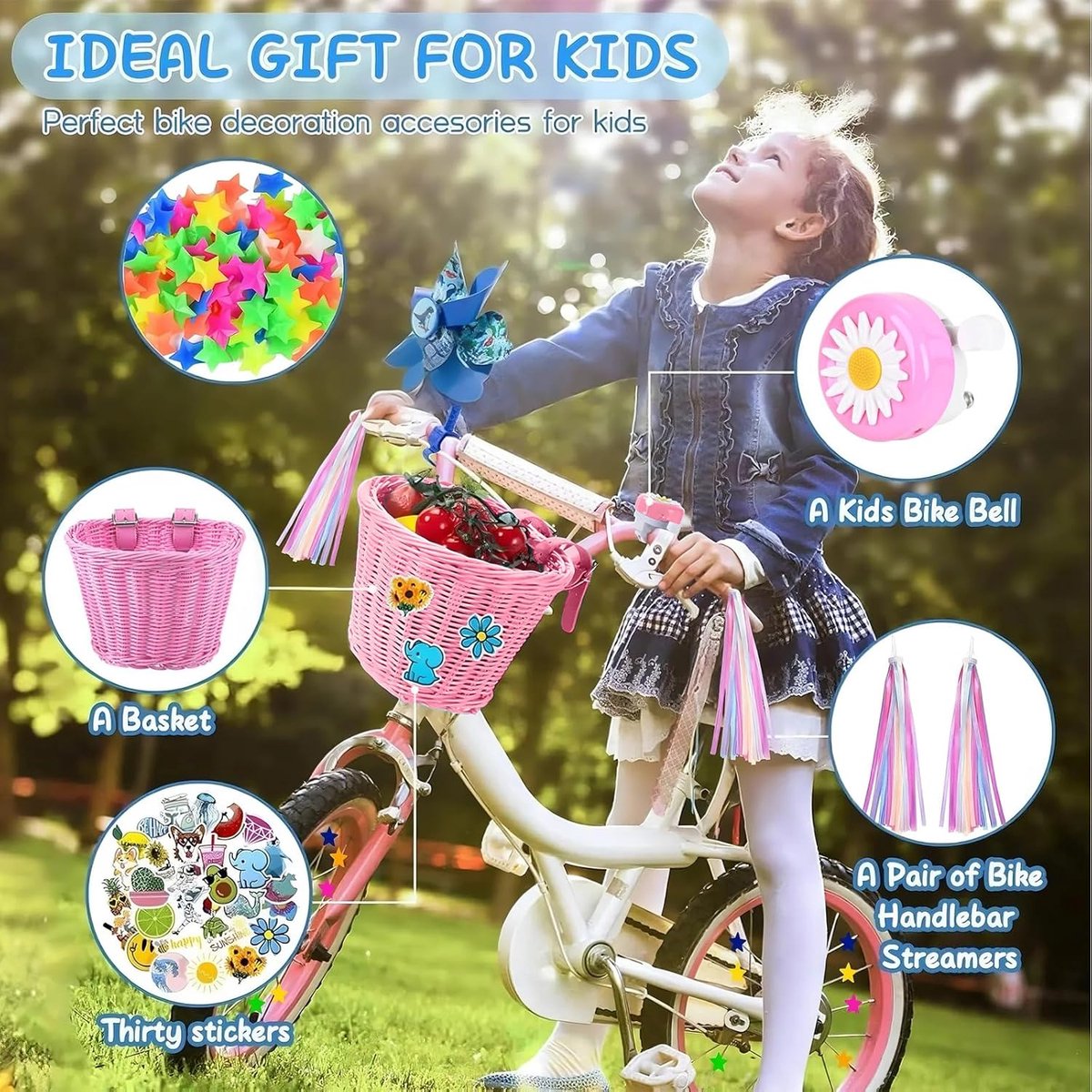 RFWR® Creatieve Fietsaccessoires voor Kinderen - Fietsmand met Stickers en Fietskwasten