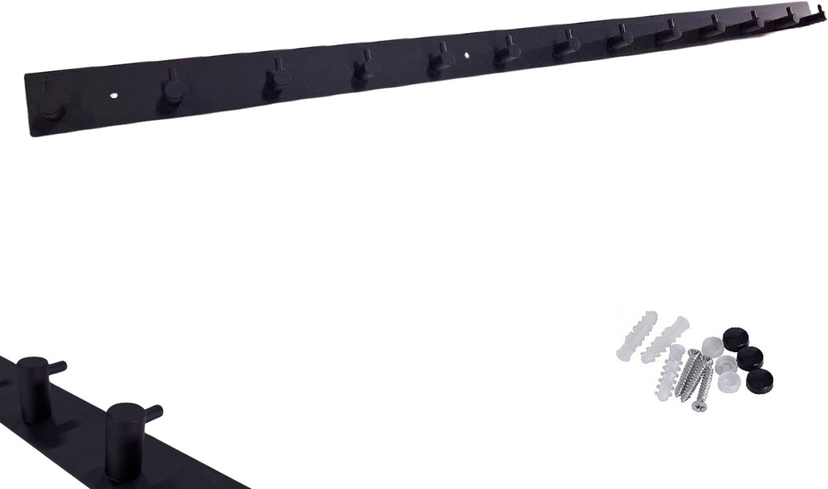 Hoexs - Kapstok Zwart RVS - 13 haaks - 93 cm - Grote Wandkapstok - Hangende Design Kapstokken - Muurkapstok - Handdoekrek