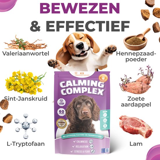 K9 Laboratories Kalmte & Balans - Honden Supplement - Anti Stress, Angst, Agressie - Met Valeriaan, L-tryptofaan & Hennepzaadolie - 60 Stuks