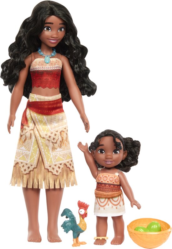 Moana en baby Moana poppen met Heihei en een schaal met groen fruit.
