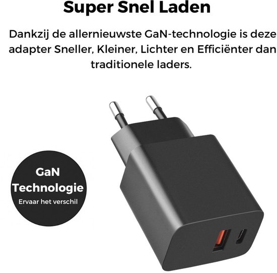 Zwarte 33W GaN snellader met EU stekker, die kleiner, lichter en efficiënter is dan traditionele laders.