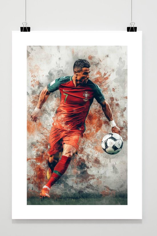 Affiche de Cristiano Ronaldo, numéro 7, en maillot rouge aux accents verts, dribblant avec un ballon de foot. Fond abstrait.