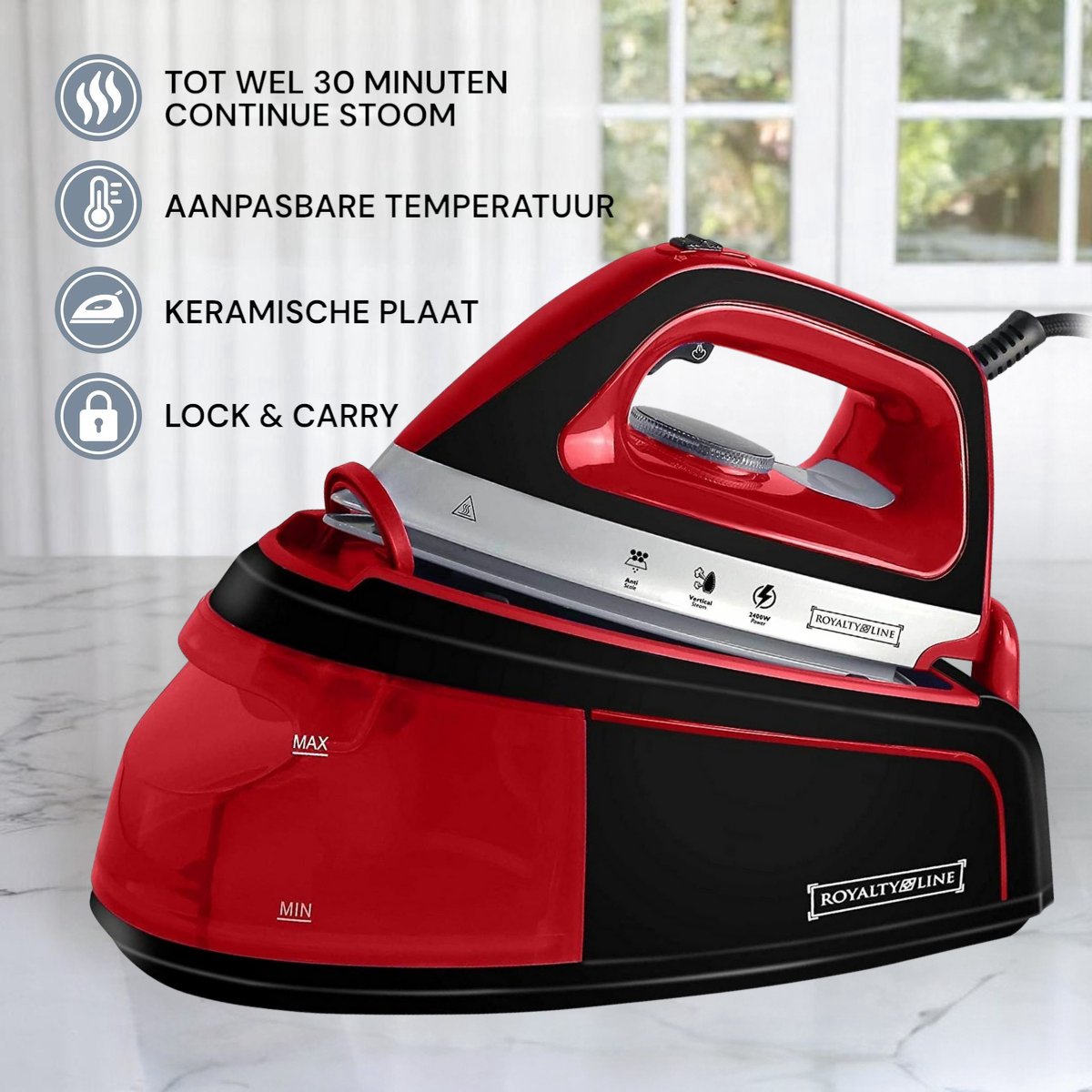 ROYALTY LINE, Generatore di Vapore Red RLDBST2300W1-RED 2300W, Capacità 1200ml, Piastra in Ceramica, Vapore Verticale, 5 Programmi, Temperatura Regolabile, Ideale per Tutti i Tessuti