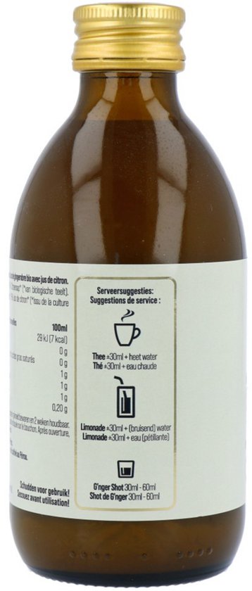 Achterkant van een bruine fles G'nger biologisch gembersap, 94% gember, 6% citroen, zonder toegevoegde suiker, 100 ml, met voedingswaarde en serveersuggesties.