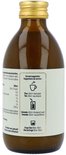 Achterkant van een bruine fles G'nger biologisch gembersap, 94% gember, 6% citroen, zonder toegevoegde suiker, 100 ml, met voedingswaarde en serveersuggesties.