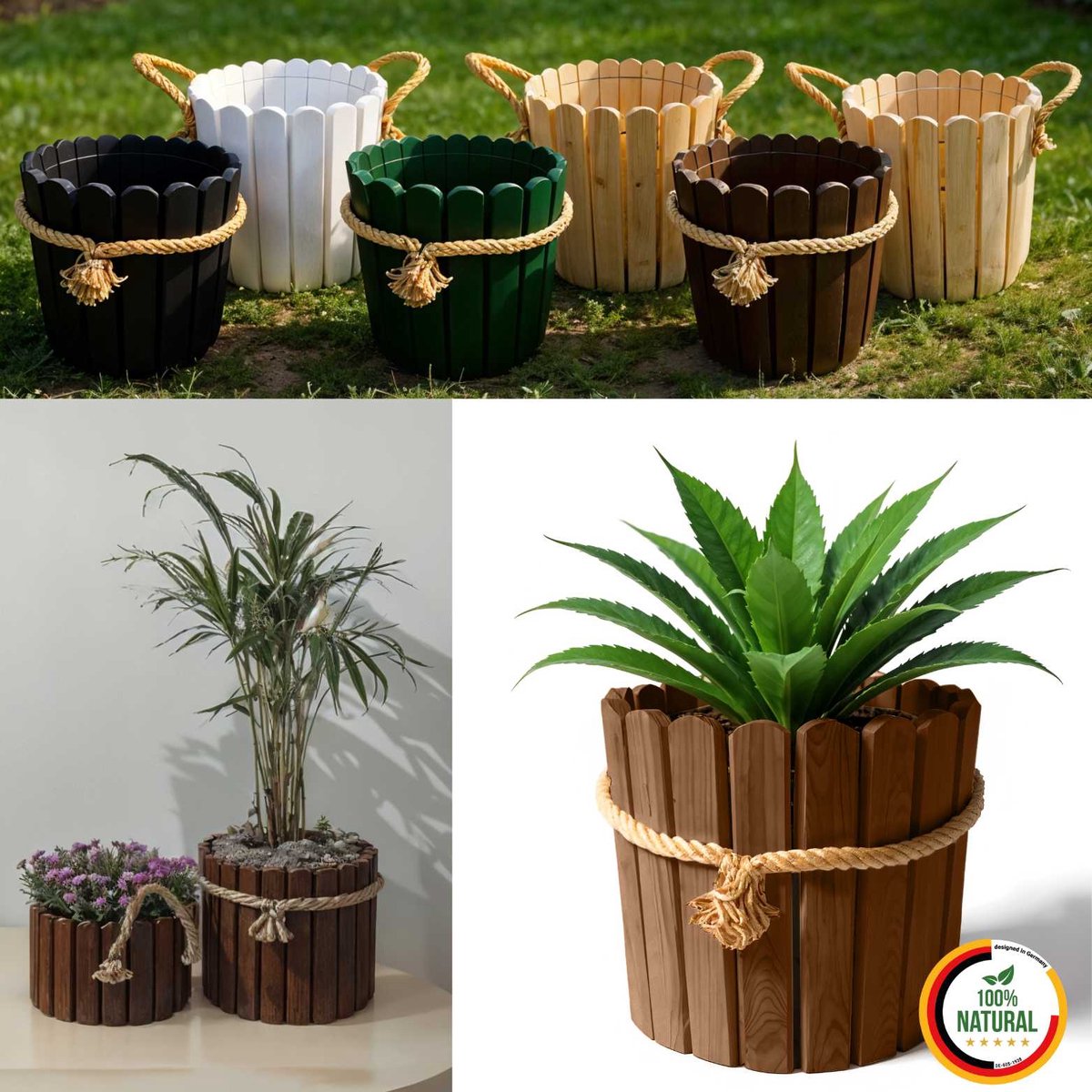 Floranica ronde bloempot 20 x 33 cm van grenenhout, plantenpot, bloembak, kruidenpot voor huis en tuin, voor binnen- en buitengebruik, bruin
