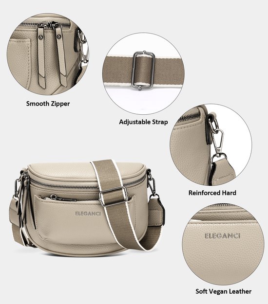 Beige Eleganci heuptas van zacht vegan leer met verstelbare band en gladde ritsen. Metalen gesp en versterkte naden.