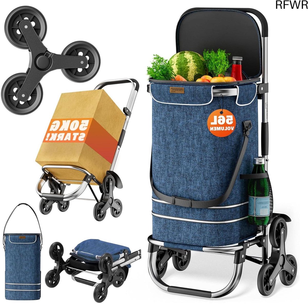 RFWR® Boodschappentrolley 50kg Inklapbaar met Trapklimfunctie en Afneembare Tas