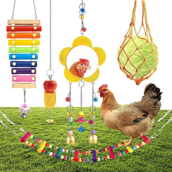 XMPEKO 10 STKS Kippenspeelgoed voor Coop, Kip Xylofoon Slijpen Steen Pikken Swing Flexibele Ladder String Bag Groente Opknoping Spiesjes Feeder Spiesje Spiegel Speelgoed voor Kippen voor Kippenhok